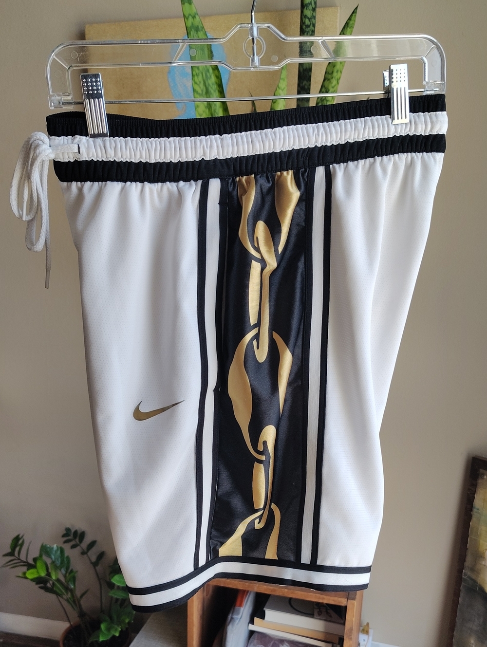 Men's Nike White & Black Athletic Shorts with Gold Link